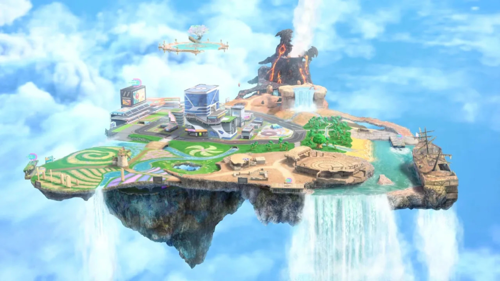 A bird's-eye view of the city in City Trial in Kirby Air Riders. The game mode takes place on a massive floating island, with a volcano, an ocean (with a shipwreck), a skyscraper, roads, desert, and more.