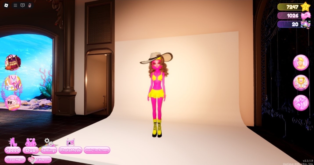 An image of an outfit in Dress to Impress on Roblox. The image features a pink woman, wearing a yellow bikini, yellow boots, and a giant, floppy, yellow hat. 
