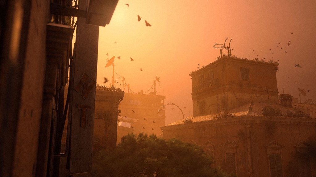 A red-skied vista of the overworld in Arc Raiders. 