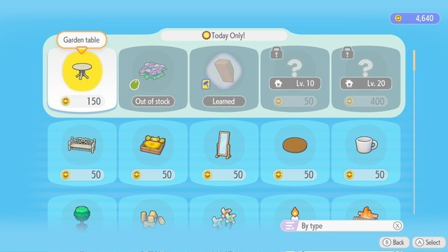 The in-game store in Pokémon Pokopia. There are squares containing options to purchase in-game items like a bench, a mirror, and more using in-game currency.