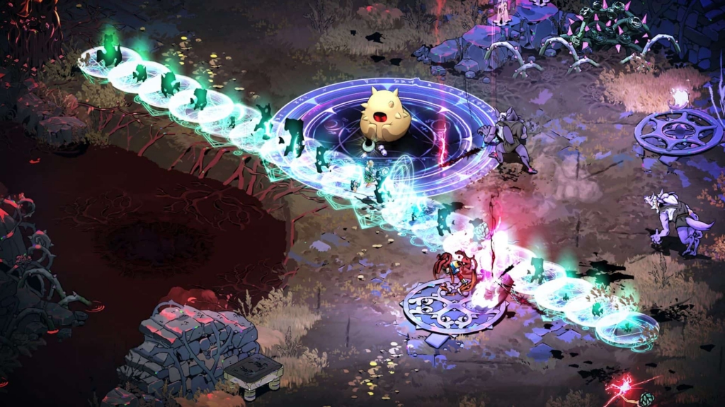 Melinoë battles enemies as she descends into the Underworld to save her family. She is casting a spell that sends a line of green magical energy in front of, and behind her. Meanwhile, a two werewolf enemies advance, while a big yellow enemy blob with red eyes and a spiked head stays trapped in another cast.