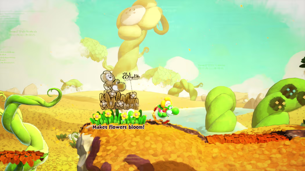 Crazee Dayzee is rising on Yoshi's back in a storybook-like world. CrazeeDayzee is a daisy with little green legs and a smiling face. Behind the pair, text appears under a bed of flowers that says, "Makes flowers bloom!"