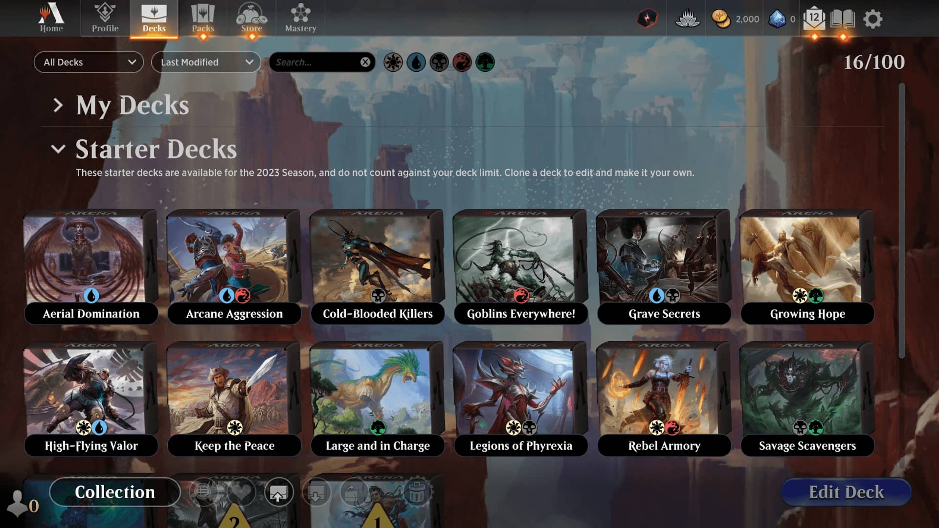 The deck screen in Magic: The Gathering Arena. Players will navigate this screen to customize and choose their decks. The image features 12 decks with varying specialties. 