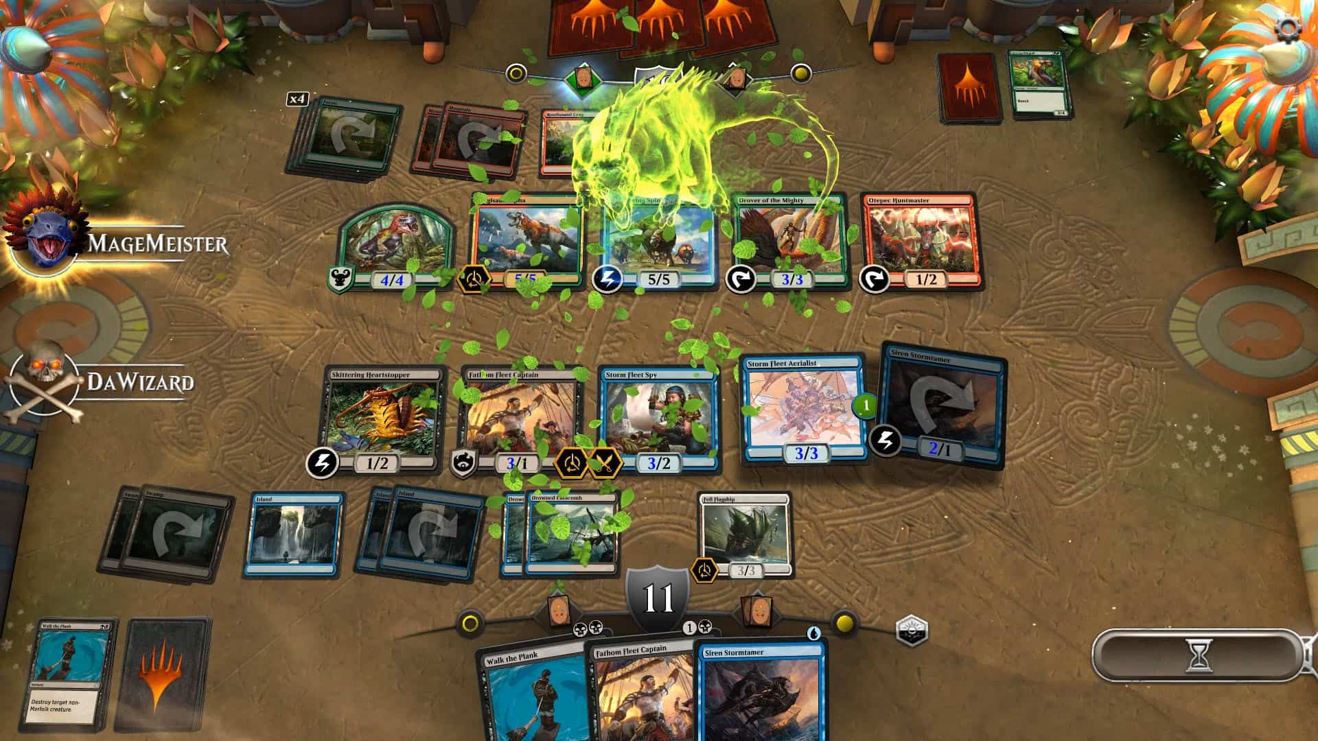 An in-progress game of Magic: The Gathering Arena. Both players have cards spread across their side of the virtual board. An illusory, green dragon trailing leaves is floating out from the upper-center of the board, signifying a player's move.