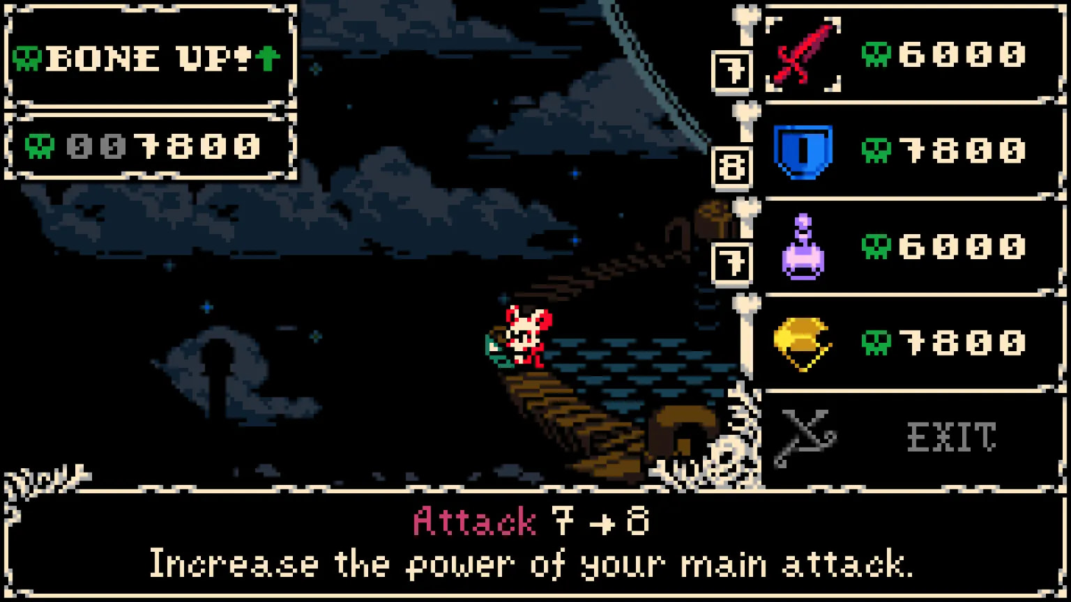 Mina leveling up! She sits on the edge of a spark generator, with little spectacles on. The upper left-hand corner of the the screen says "BONE UP!" indicating that Mina has earned enough experience to increase her stats. On the right hand of the screen are mina's stats, including attack, defense, and magic.
