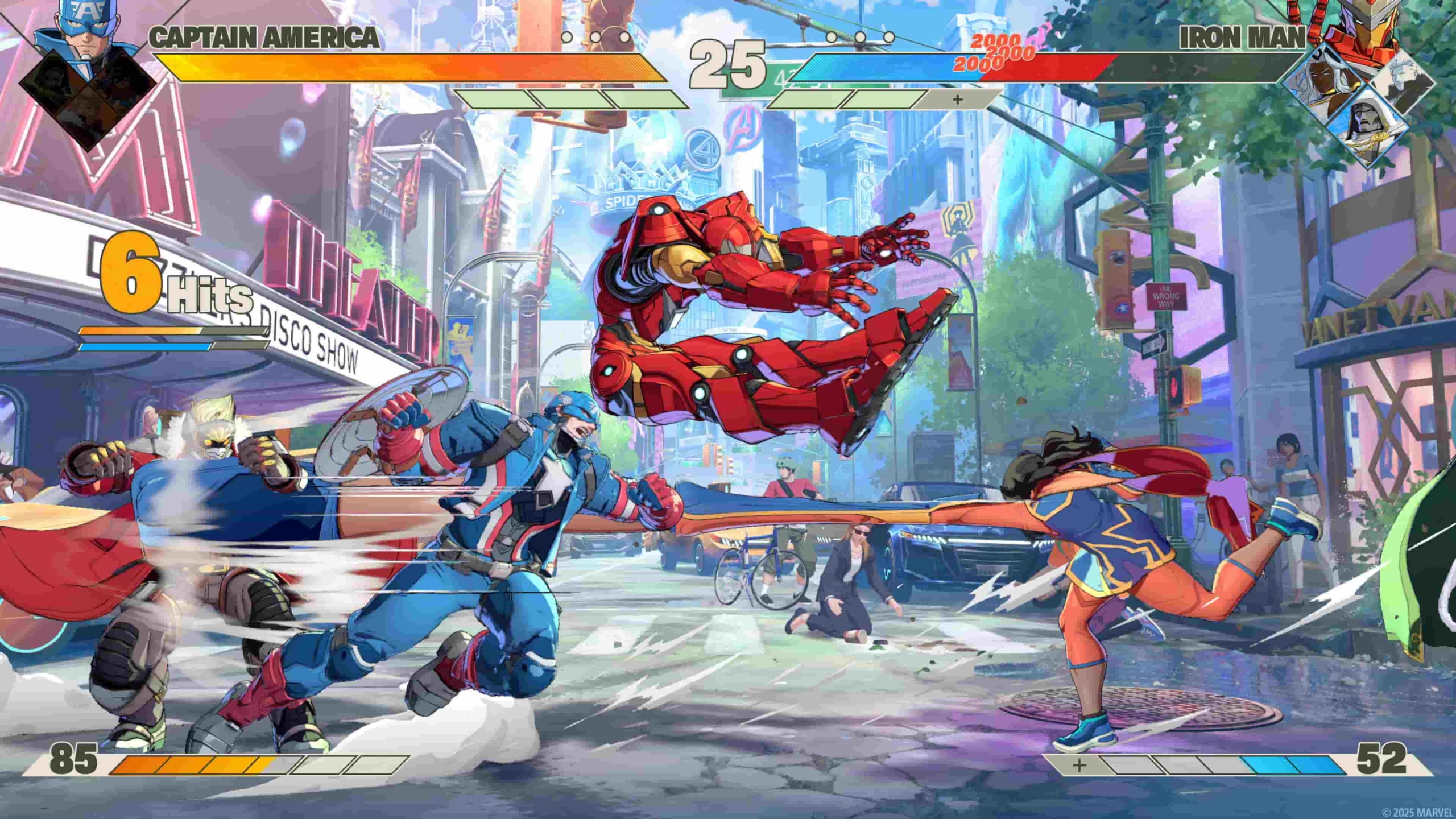 A heated battle in MARVEL Tōkon: Fighting Souls. on the left side of the screen Star Lord can be seen behind Captain America as he lunges forward to his opponents. Meanwhile, Iron Man is being blasted across the screen by Ms. Marvel.
