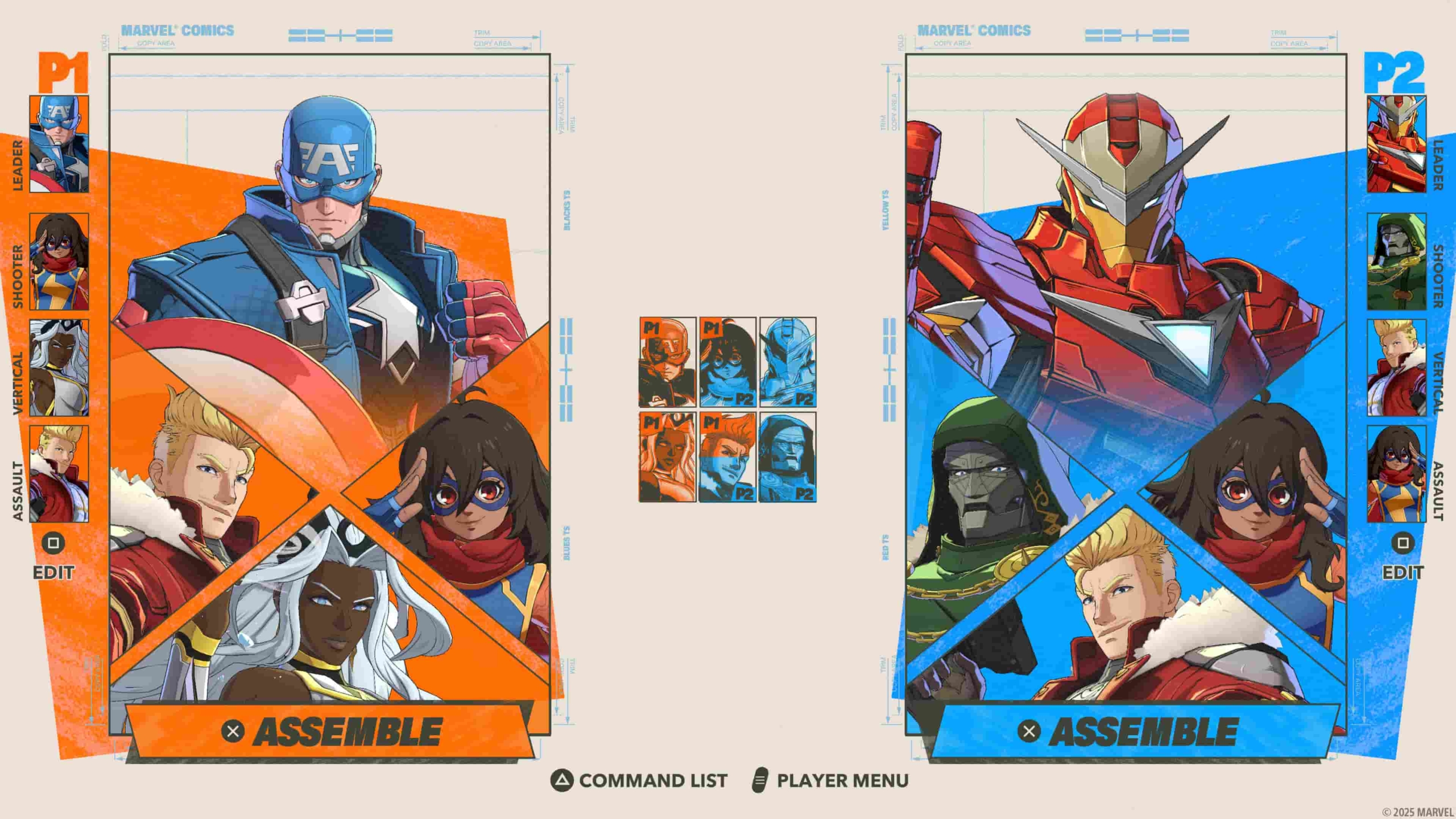 A selection of characters in MARVEL Tōkon: Fighting Souls. On the left is a team of Captain America, Star Lord, Storm, and Ms. Marvel. On the right is a team of Iron Man, Dr. Doom, Star Lord, and Ms. Marvel.