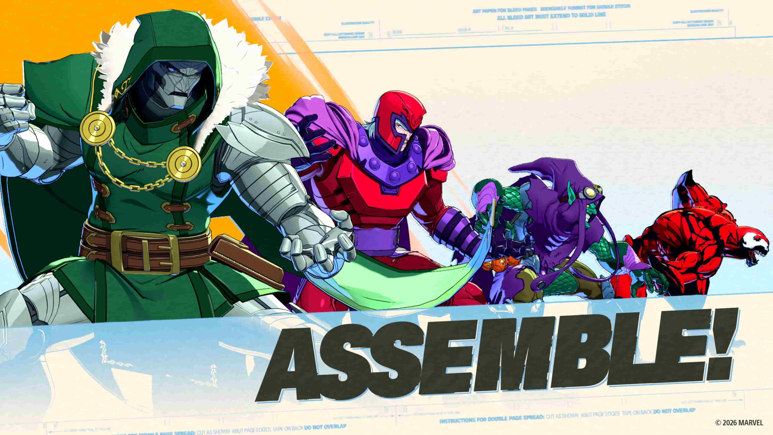 A team Assembly in MARVEL Tōkon: Fighting Souls. From left to right the "Assemble" splash screen features Dr. Doom, Magneto, Green Goblin, and Carnage. "Assemble" is spread across the bottom of the screen in bold font.