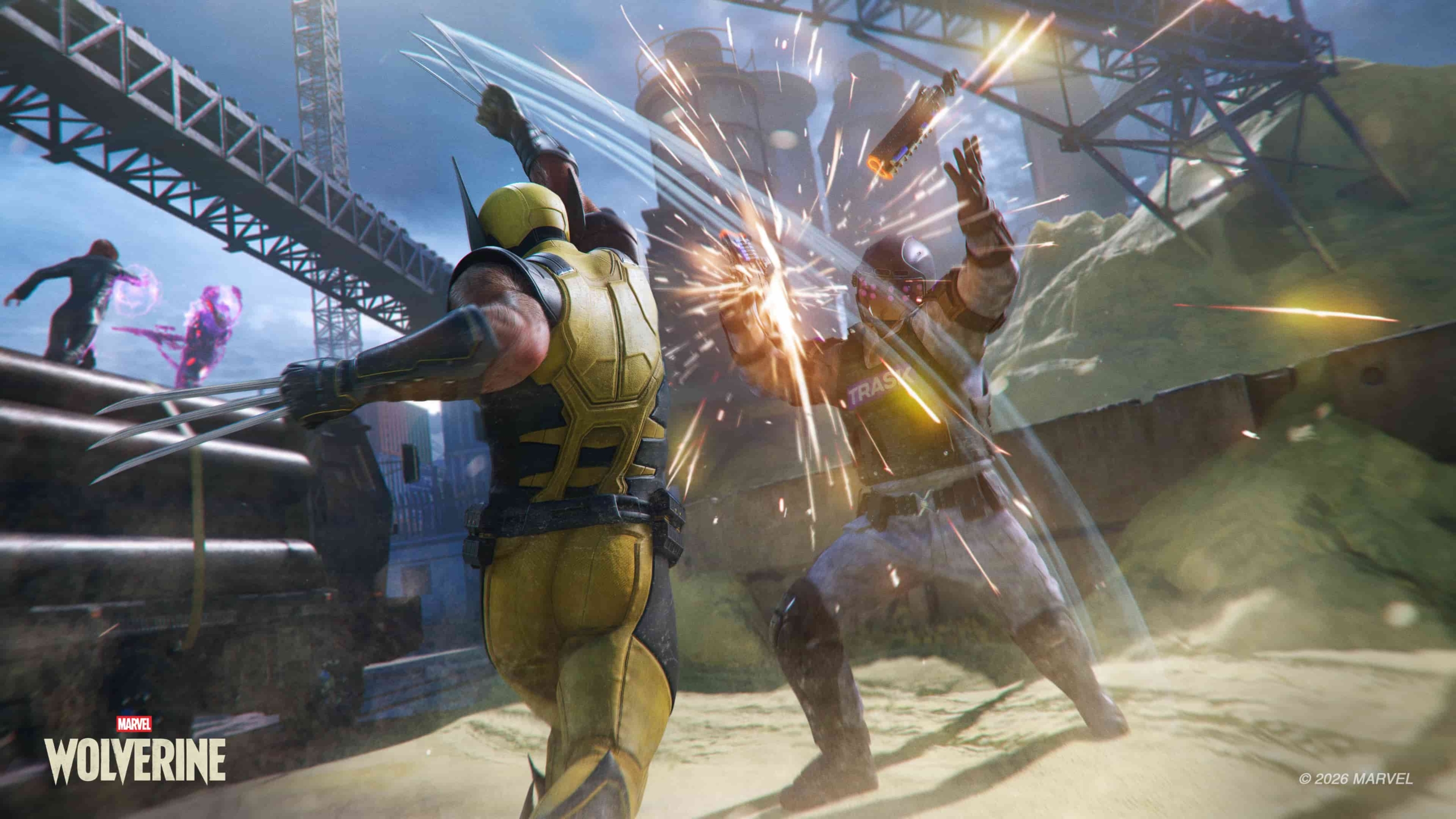 Wolverine cuts the gun of an enemy in half using his Adamantium claws.