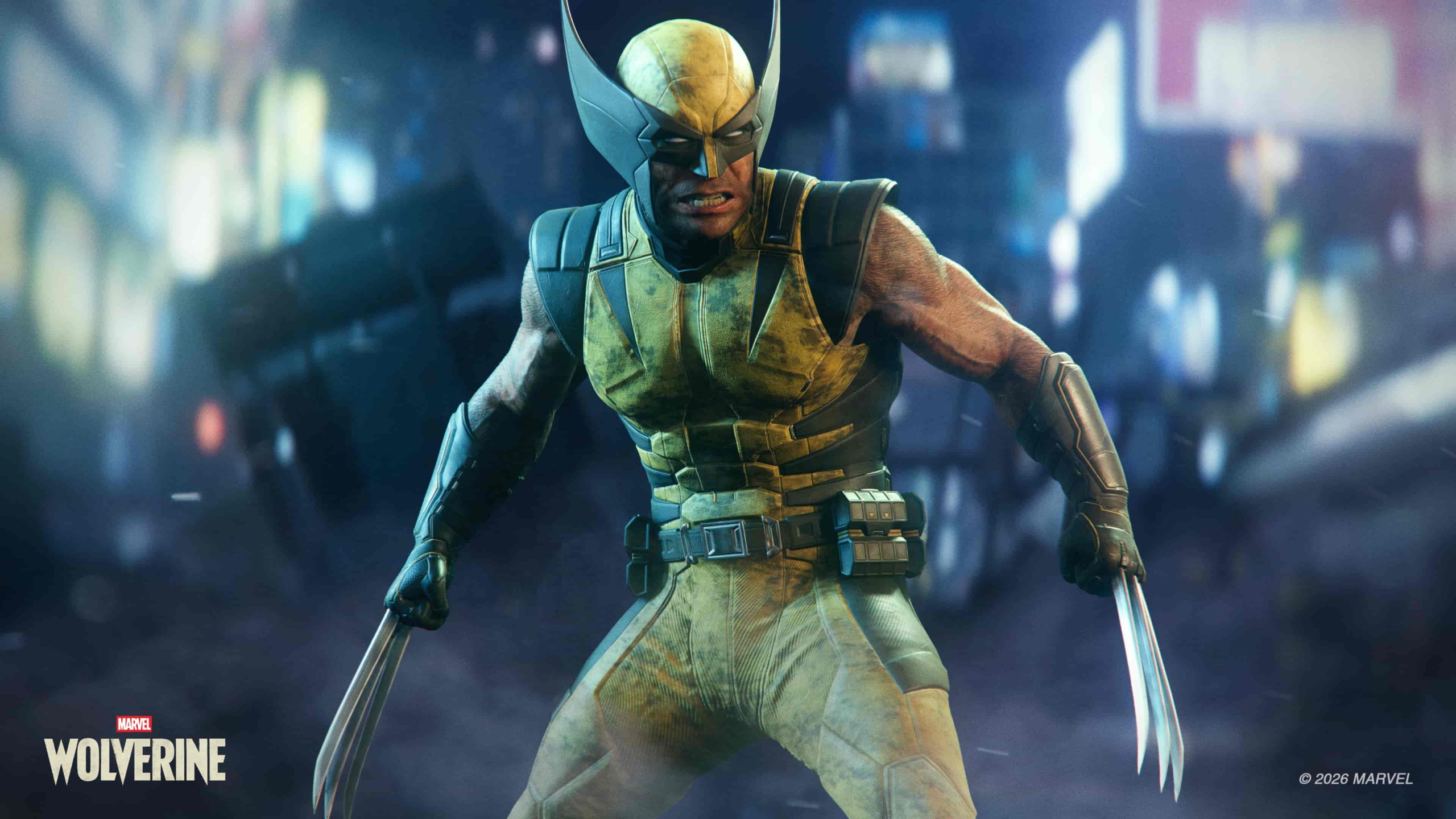Wolverine stands front and center in his classic yellow and blue suit.