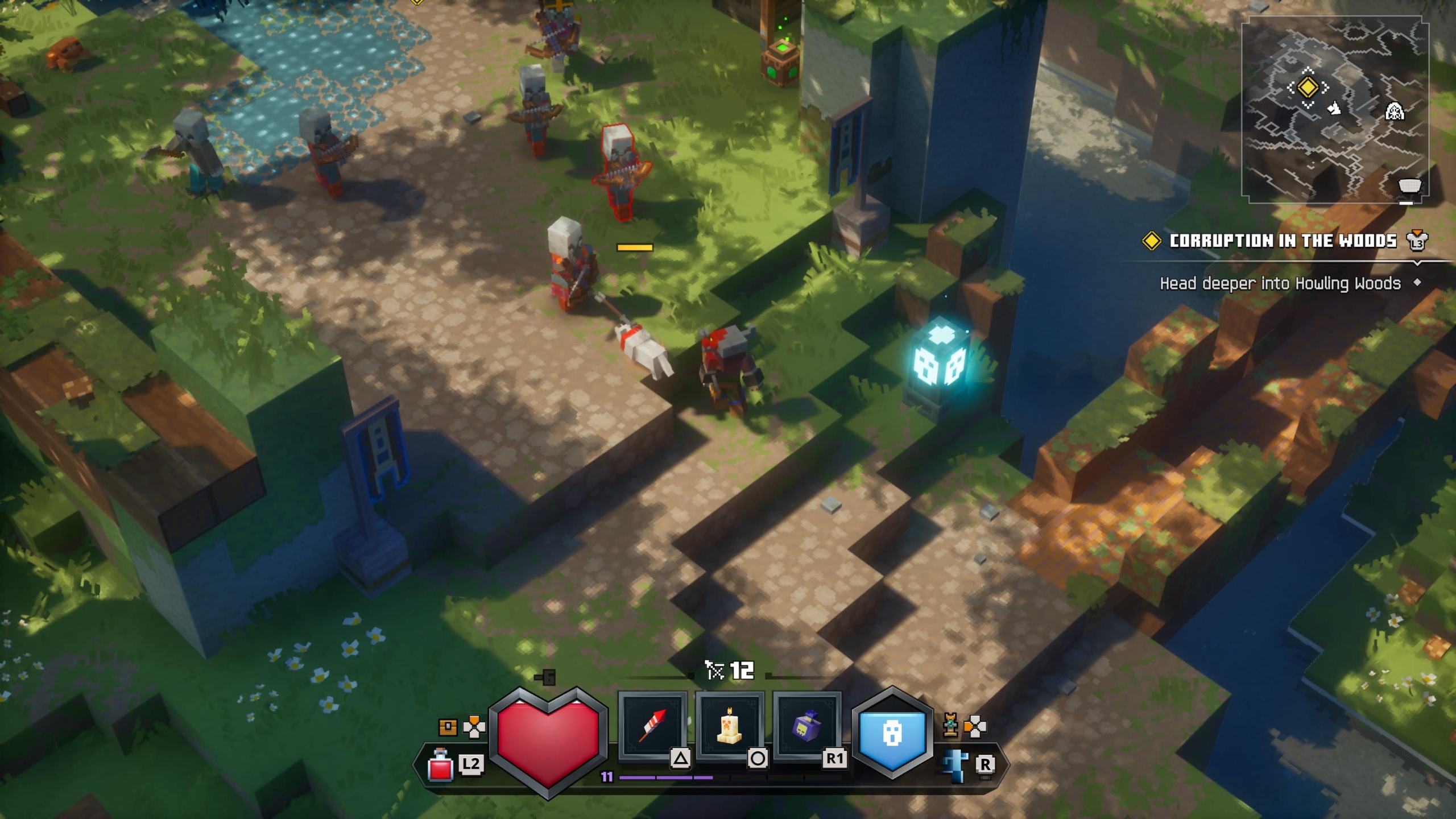 The hero, with a white dog, adventures in the Overworld while fending off enemies. The top right corner had a mini-map, under which is a quest description urging the player to "Head deeper into Howling Woods."