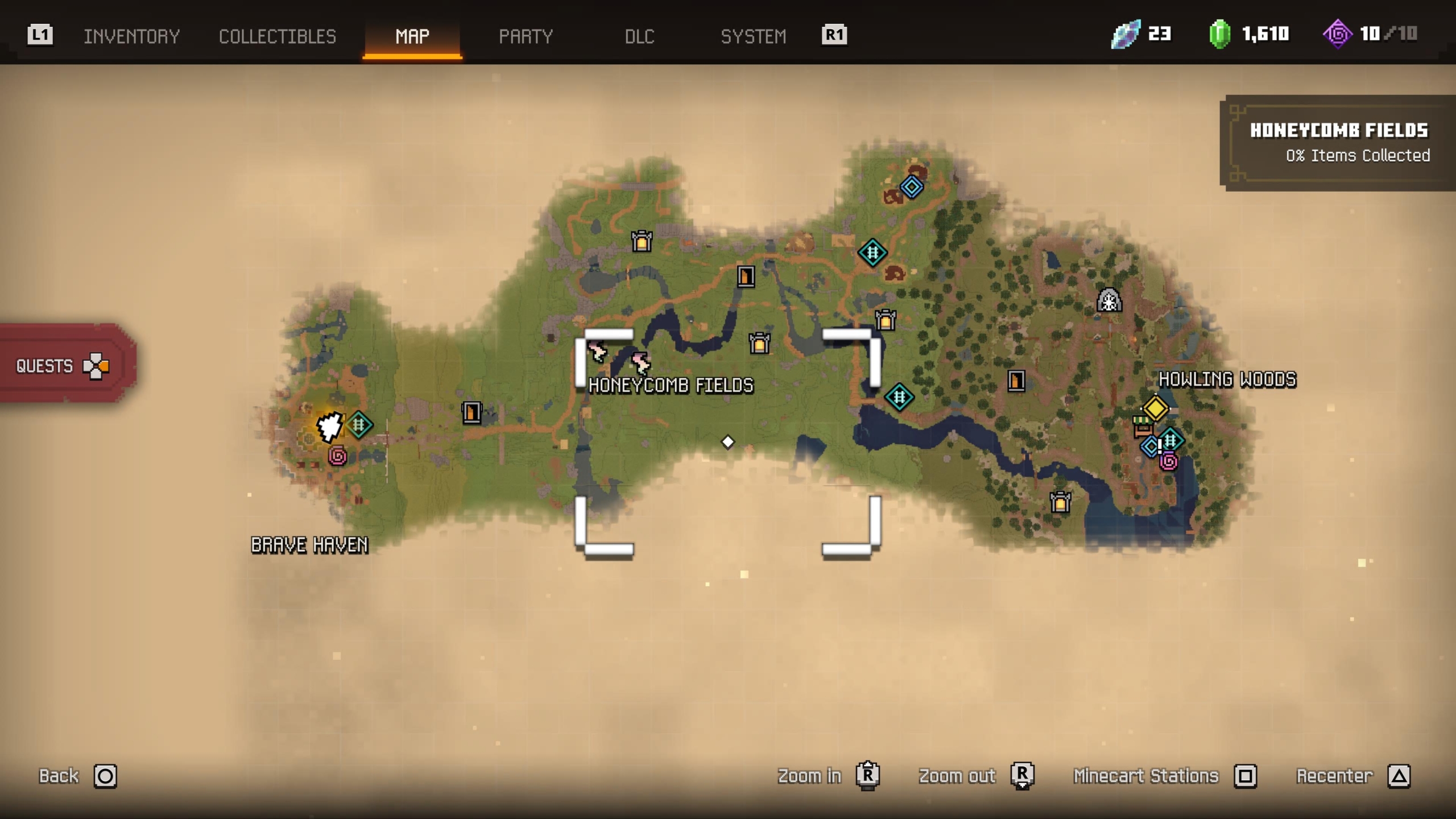 A map of the Overworld. Much of the map is a tan cloud, while the player's discovered path has been detailed with activity markers and locations, such as Honeycomb Fields.
