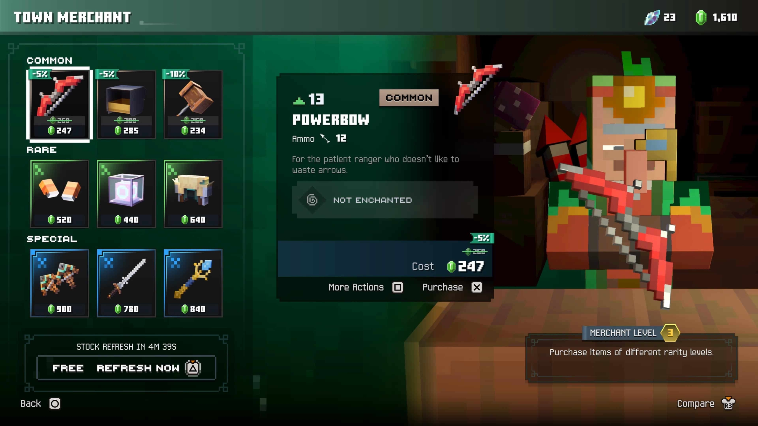An example of in-game purchases in Minecraft Dungeons II. The image shows the Powerbow, a green rated (common) item that costs 247 gems.