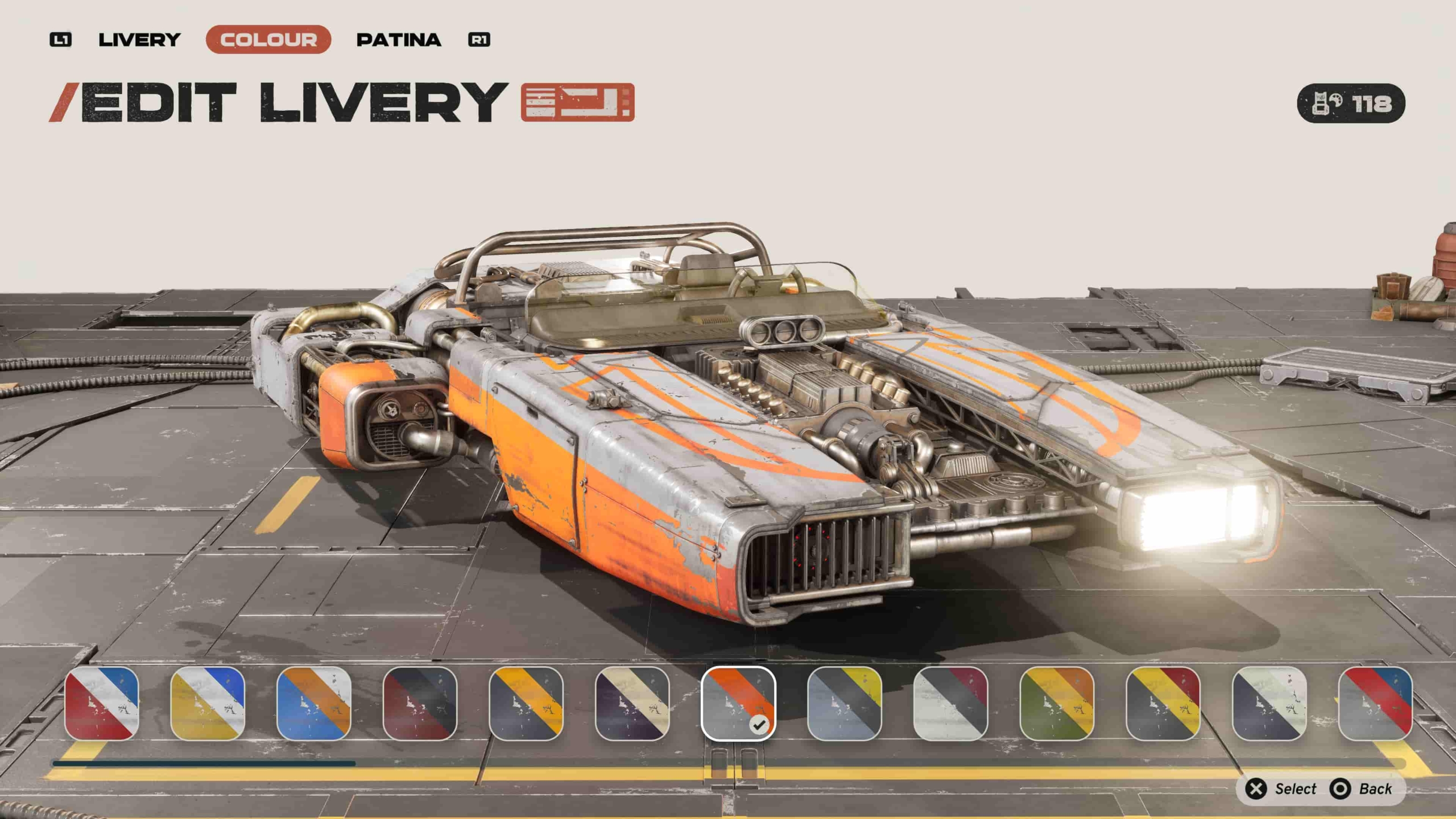 A Landspeeder menu in Star Wars: Galactic Racer. The screen depicts the ability to edit and customize vehicles, including changing the livery, colors, patina, etc.